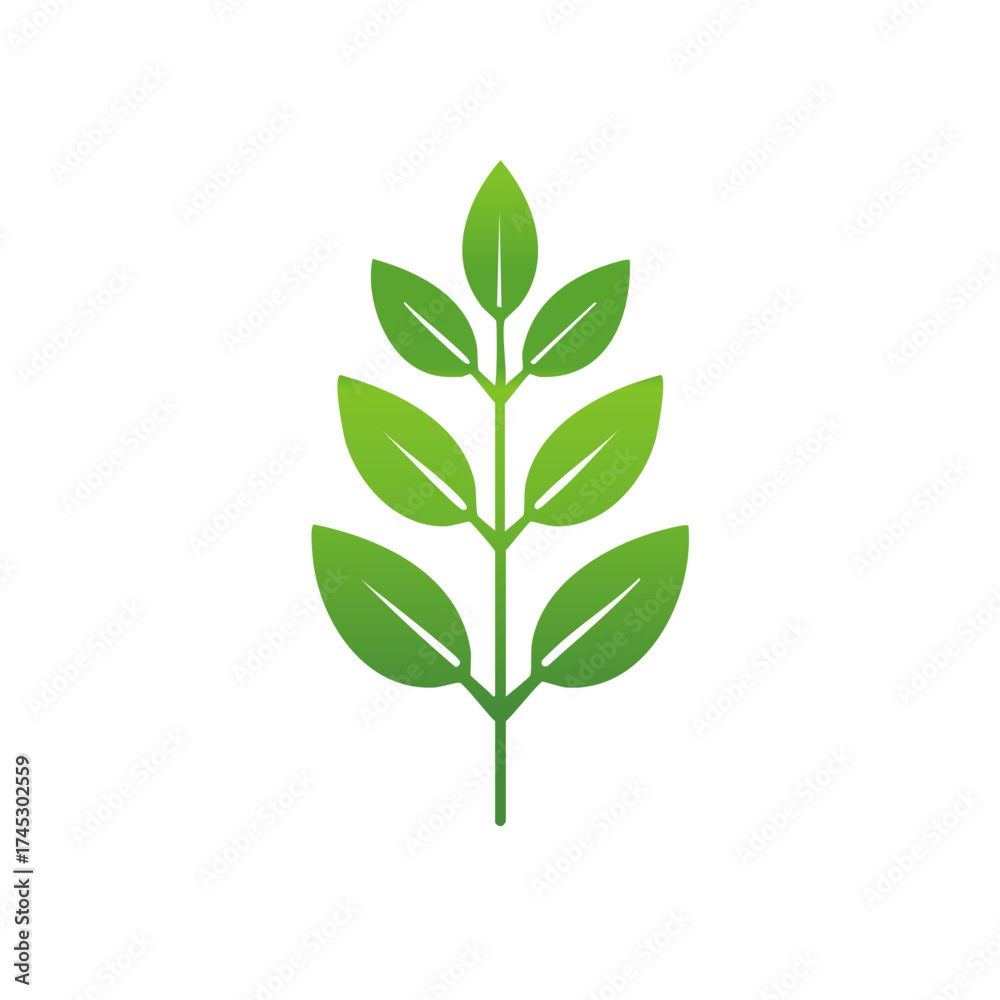 Fototapeta premium Stylized green plant stem with fresh vibrant leaves icon symbolizing natural growth and ecology