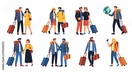 Diverse groups of people enjoying traveling with luggage around the world. The collection features couples friends and solo travelers exploring new destinations.