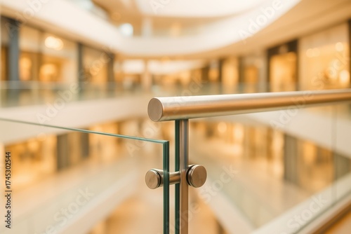 Modern Glass Railing in Shopping Mall. Elegant glass and metal railing inside a brightly lit, modern shopping mall, with blurred stores and architecture in the background.