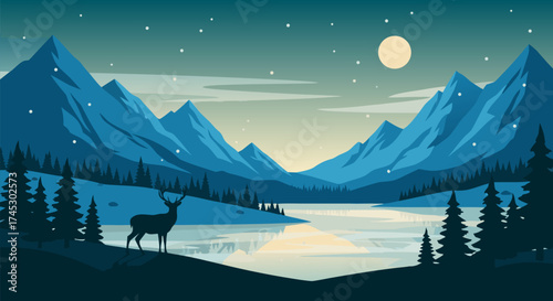 Tranquil winter night landscape illustration featuring towering snow-capped mountains, a reflective lake, and a lone deer bathed in soft moonlight