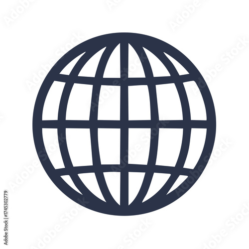Simple dark blue globe icon with a grid pattern representing Earth
