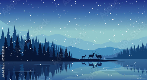 Tranquil winter landscape illustration with a deer family by a calm lake, reflecting a snowy evergreen forest under gentle snowfall