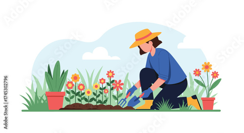 A person planting flowers in a garden with colorful blooms and green grass.