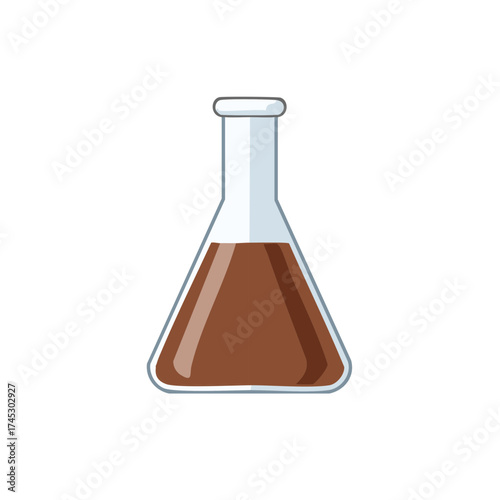 Erlenmeyer flask with brown liquid, illustration, vector design of a chemical glassware object