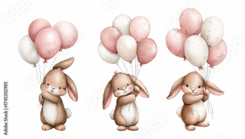 Watercolor set of cute bunnies with balloons. Cute rabbits holding pink and white balloons in their paws. Children's characters in pastel colors. Vector illustration.