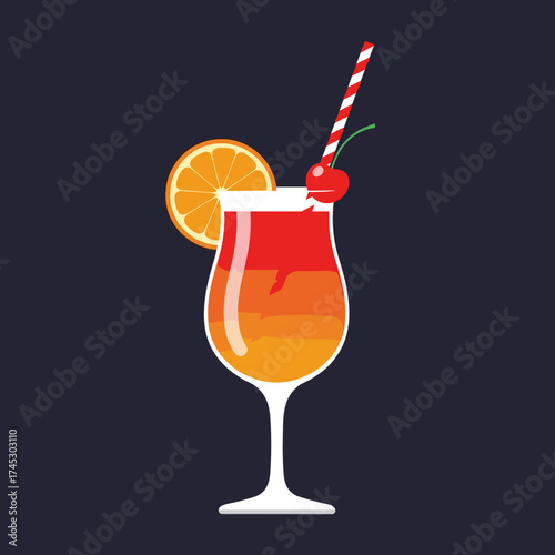 A vibrant and refreshing tropical cocktail garnished with a slice of orange and a maraschino cherry on a dark background.