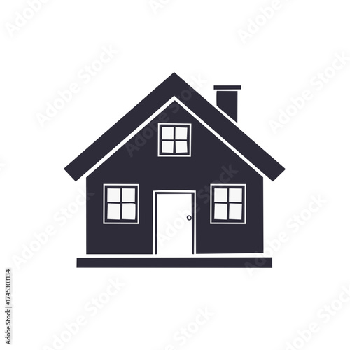 Simple house graphic with windows, door, and chimney. Real estate home building illustration. Architectural design, residence.