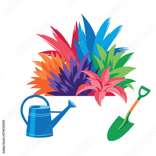 A vibrant collection of colorful plants accompanied by a watering can and shovel.