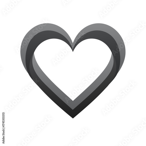 Three Dimensional Heart Shape with Gradient Gray Colors on White Background