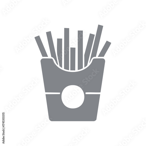 Grey silhouette icon of french fries in a carton box, minimalist fast food vector graphic