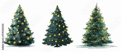 Watercolor set of green Christmas trees with garland. Christmas tree with yellow light garlands. Vintage Christmas and New Year attributes. Vector illustration.
