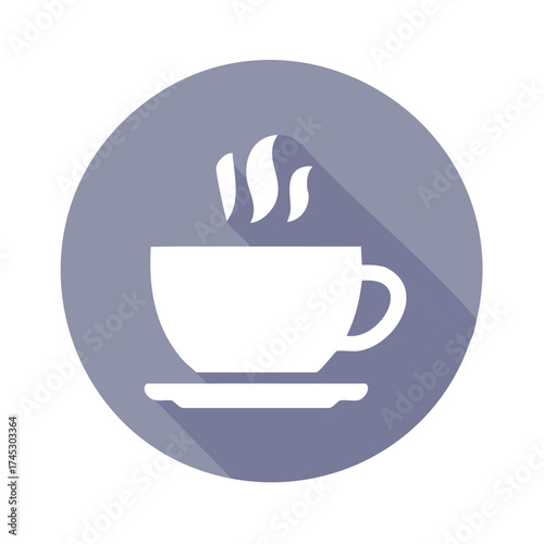 Steaming coffee cup icon in a circle, white glyph on a purple background.