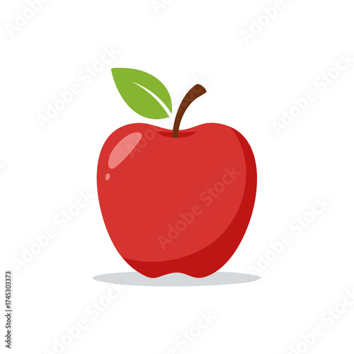 Isolated bright red apple with brown stem and green leaf against pure white backdrop perfect for educational material