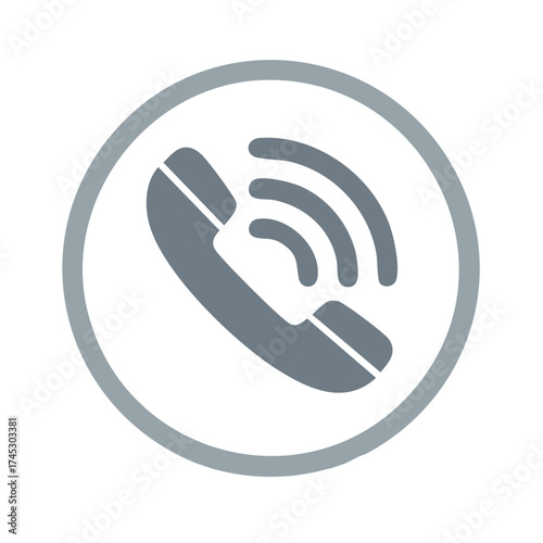 Telephone handset icon with wireless signal waves in a circular frame representing a call or contact