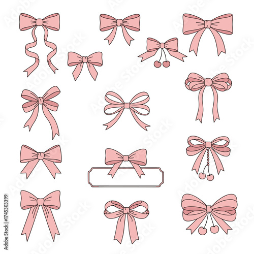 A collection of hand-drawn pink ribbon bows and decorative elements for crafting and design.