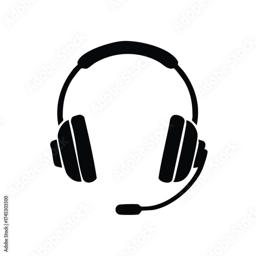 Black Minimalist Headset Icon, Customer Support Headphones Silhouette, Call Center Tech Accessory, Communication Device