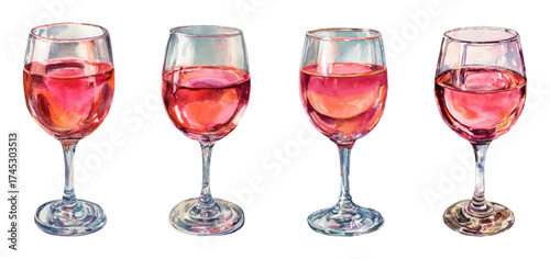 Set of glasses with rose wine. Watercolor glass wine glass. Elements of alcoholic beverages and bar. Wine drinks. Classic glasses with wine. Vector illustration.