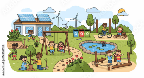 Happy Children Playing Outdoors In An Environmentally Friendly Setting