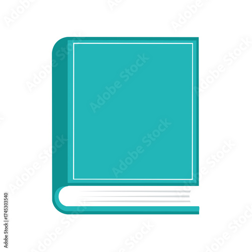 Simple teal hardback book illustration with white pages and decorative border