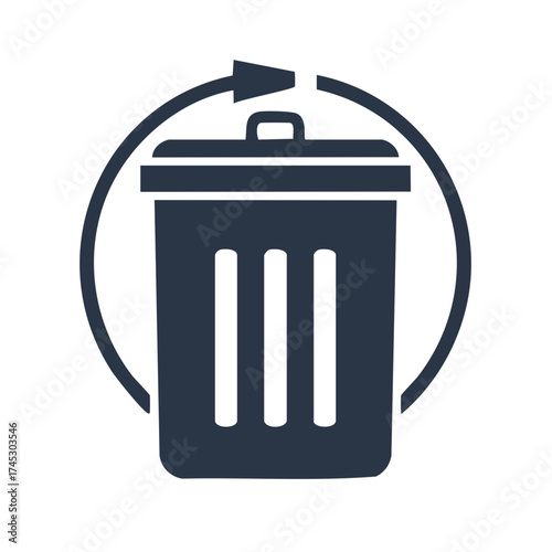Recycling bin with circular arrow symbol for waste management and disposal concept