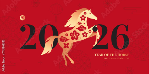 Holiday Chinese New Year 2026 banner. Vibrant red and gold vector design with stylized horse, typography design and Chinese patterns. Hieroglyphic mean horse. Perfect for cover, poster, card, flyer.