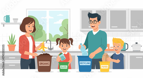 Happy Family Sorting Waste At Home For Recycling And Protecting Nature
