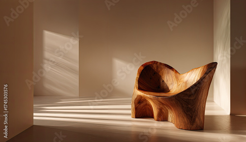 Modern Sculptural Wooden Chair in Minimalist Sunlit Interior
