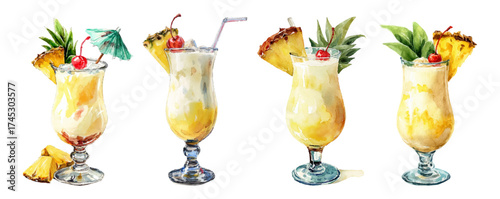 Watercolor set of pina cola. Alcoholic cocktails pina colada with pineapple slices. Castin cocktails for bar drinks. Vector illustration.