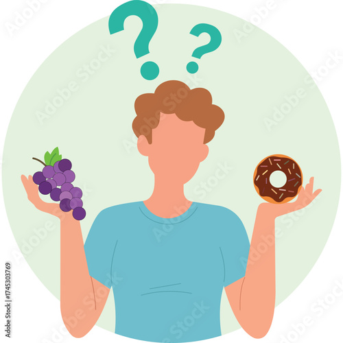 Person confused choosing between healthy and unhealthy food illustration