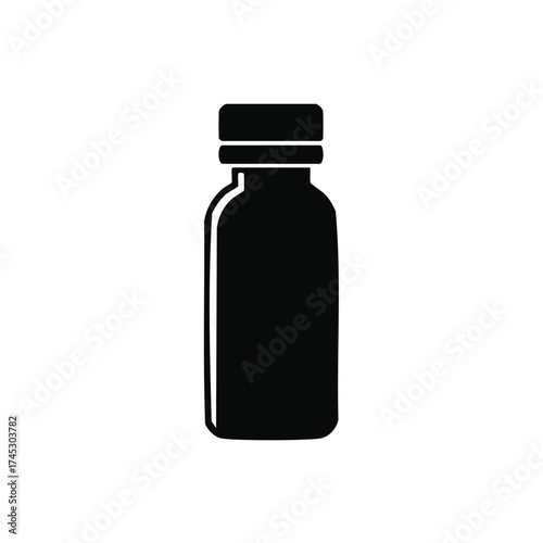 Black silhouette of a small medicine bottle with a secure cap, simple graphic icon