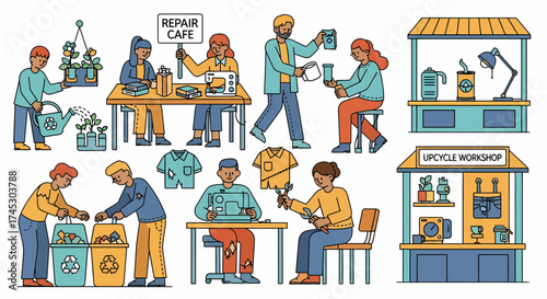 Illustrative Repair Cafe With Upcycling And Zero Waste Projects