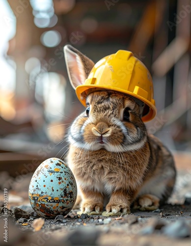 A brown and white rabbit wearing a yellow hard hat sits beside a speckled Easter egg in a gritty industrial setting