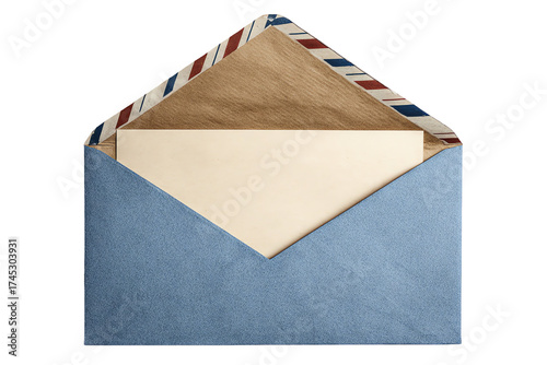 Open blue envelope with airmail stripes and a letter inside, isolated on transparent background