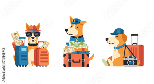 Three adorable dogs dressed up and packed for a holiday adventure.