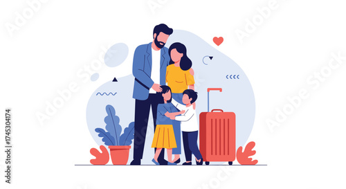 A happy family stands ready for their vacation with a red suitcase packed and waiting to go.