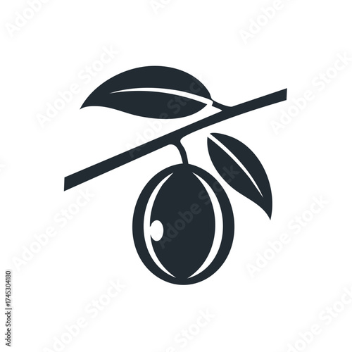 Olive branch icon illustration with leaves, black and white vector drawing of olive tree, food symbol, natural design