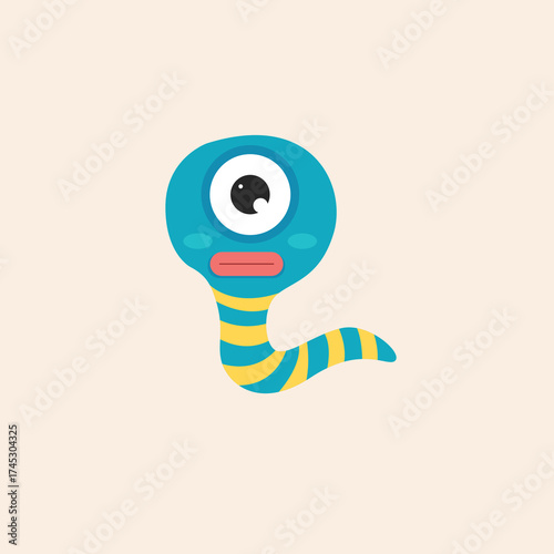 Cartoon illustration of a cute, blue, one-eyed monster with a striped neck and a simple, friendly expression.