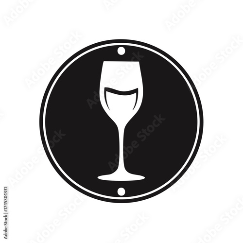 Wine glass silhouette symbol in black circle with white dots, restaurant, bar sign, vector illustration
