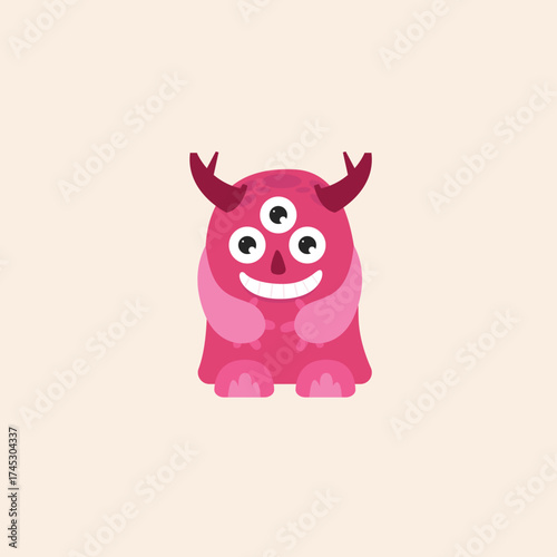 A cute, pink, three-eyed monster with small horns and a friendly smile, set against a light beige background.