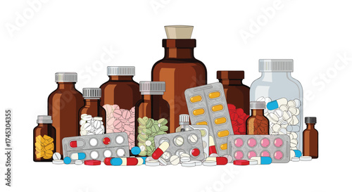 A collection of various medications and pharmaceutical bottles arranged in a visually appealing display.