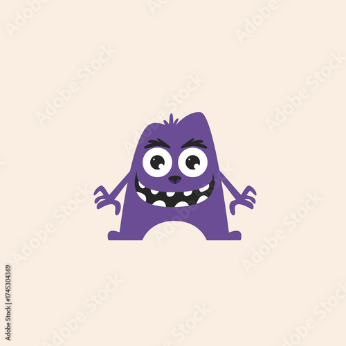 A purple cartoon monster with big eyes and a toothy grin stands on a light beige background.