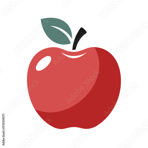 Simplified Red Apple Fruit Icon with Green Leaf and Stem