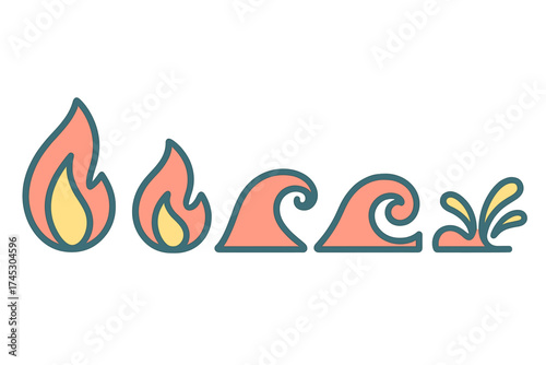 Set of stylized icons depicting fire flames and ocean water waves with splashes