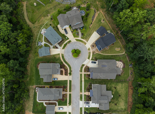 Overhead view of cul de sac in residential community in Sotuh Carolina