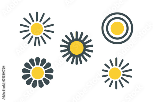 Minimalist set of five geometric sun and daisy flower icons for modern design projects