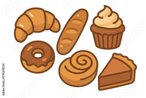 Assortment of fresh baked goods including croissant baguette donut cupcake and slice of pie
