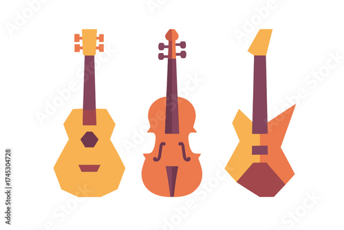 Stylized geometric musical instruments set featuring acoustic guitar, violin, and electric guitar