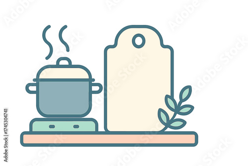 Minimalist steaming cooking pot next to a blank recipe card or cutting board