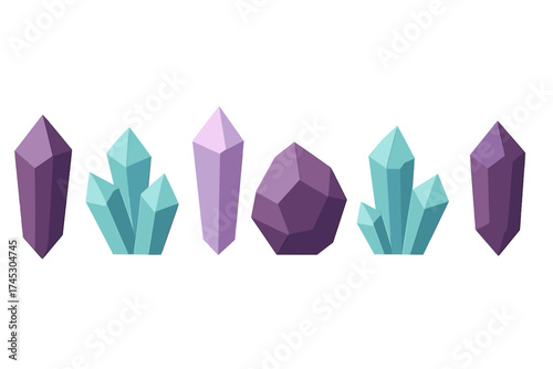 Stylized collection of purple and turquoise mineral crystals and gemstones