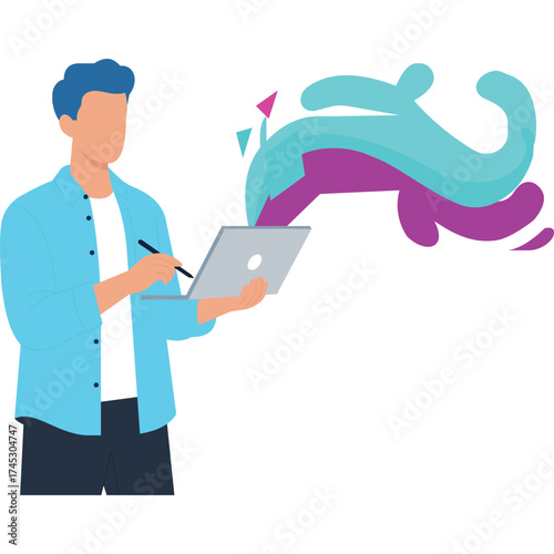 Creative man designing digital artwork on tablet illustration